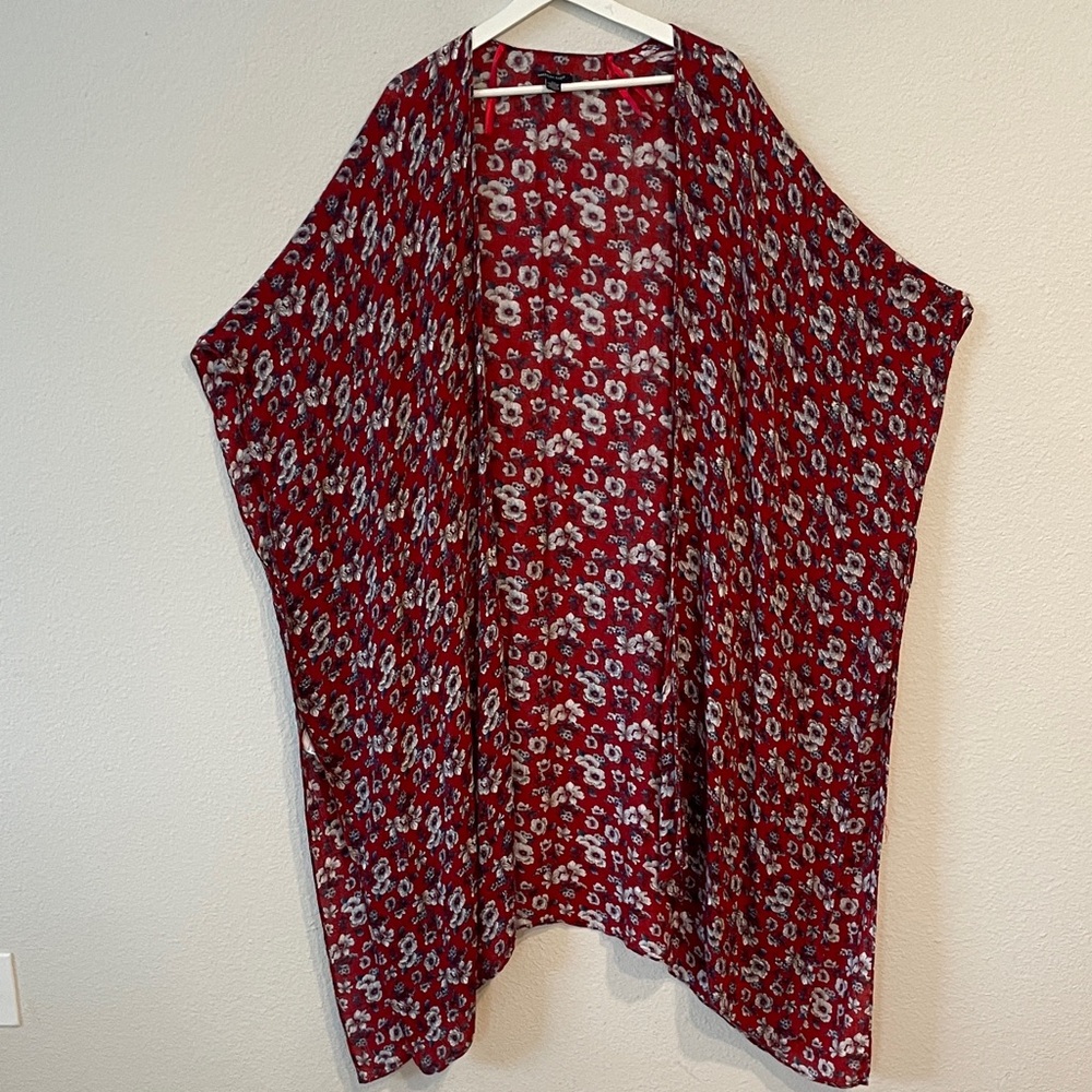 American Eagle Red Floral Boho Kimono Swim Cover One Size